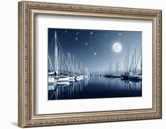 Beautiful Landscape of Yacht Harbor at Night, Full Moon, Marina in Bright Moonlight, Luxury Water T-Anna Omelchenko-Framed Photographic Print