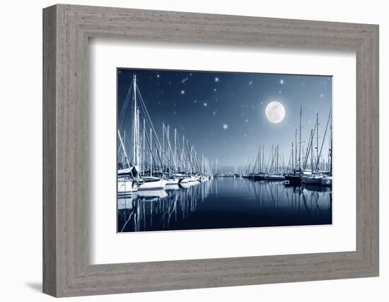 Beautiful Landscape of Yacht Harbor at Night, Full Moon, Marina in Bright Moonlight, Luxury Water T-Anna Omelchenko-Framed Photographic Print