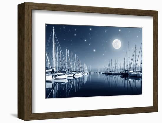 Beautiful Landscape of Yacht Harbor at Night, Full Moon, Marina in Bright Moonlight, Luxury Water T-Anna Omelchenko-Framed Photographic Print