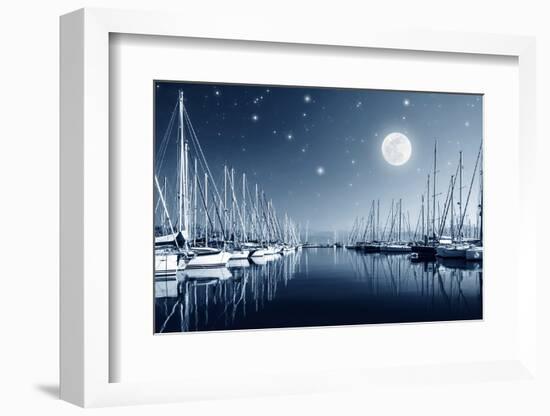 Beautiful Landscape of Yacht Harbor at Night, Full Moon, Marina in Bright Moonlight, Luxury Water T-Anna Omelchenko-Framed Photographic Print