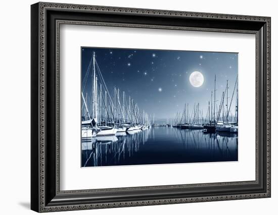 Beautiful Landscape of Yacht Harbor at Night, Full Moon, Marina in Bright Moonlight, Luxury Water T-Anna Omelchenko-Framed Photographic Print