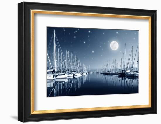 Beautiful Landscape of Yacht Harbor at Night, Full Moon, Marina in Bright Moonlight, Luxury Water T-Anna Omelchenko-Framed Photographic Print