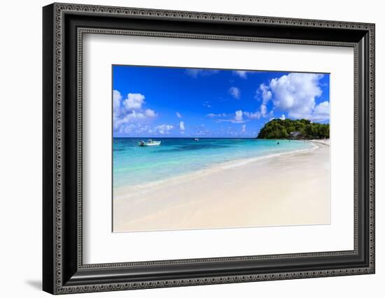 Beautiful Long Bay Beach, boat, turquoise sea, white sand, Antigua-Eleanor Scriven-Framed Photographic Print