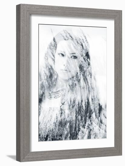 Beautiful Long Hair Brunette Woman Portrait, Double Exposure with Blades of Grass-coka-Framed Photographic Print