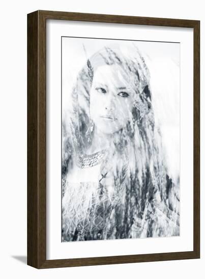 Beautiful Long Hair Brunette Woman Portrait, Double Exposure with Blades of Grass-coka-Framed Photographic Print