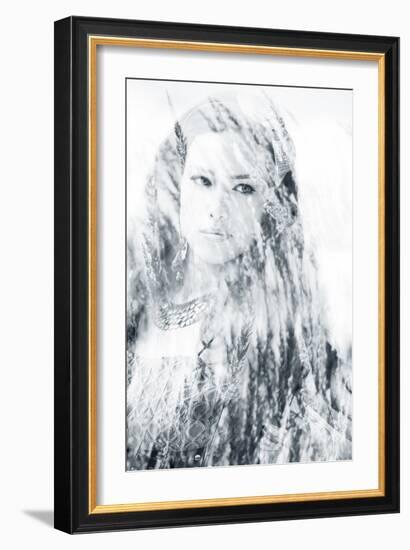 Beautiful Long Hair Brunette Woman Portrait, Double Exposure with Blades of Grass-coka-Framed Photographic Print