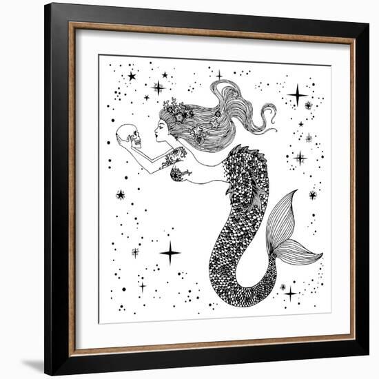 Beautiful Mermaid with Human Skull in Her Hands. Hand Drawn Isolated Vector Illustration. Sea, Fant-Anastasia Mazeina-Framed Art Print