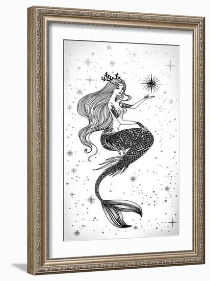 Beautiful Mermaid with Star in Her Hands Hand Drawn Illustration. Sea, Fantasy, Spirituality, Mytho-Anastasia Mazeina-Framed Art Print