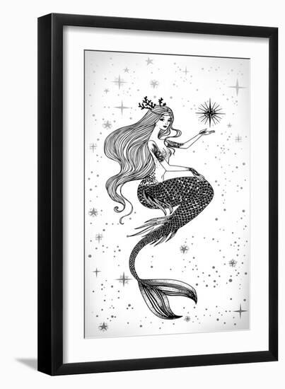 Beautiful Mermaid with Star in Her Hands Hand Drawn Illustration. Sea, Fantasy, Spirituality, Mytho-Anastasia Mazeina-Framed Art Print