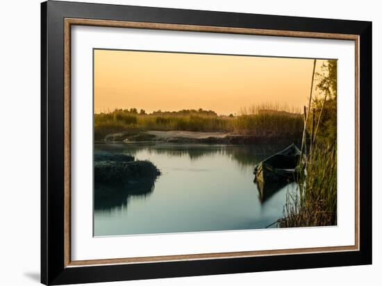 Beautiful Mist Sunrise with Old Rusty Boat on a Lake-homydesign-Framed Photographic Print