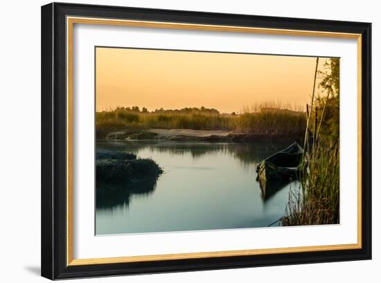 Beautiful Mist Sunrise with Old Rusty Boat on a Lake-homydesign-Framed Photographic Print
