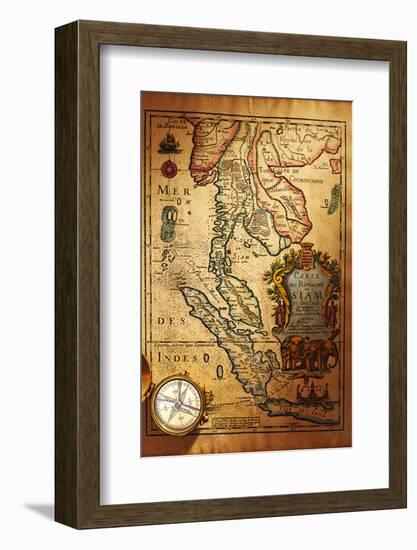 Beautiful Old Brass Compass over Antique Thailand Map-haveseen-Framed Photographic Print