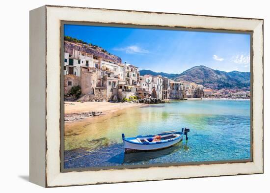 Beautiful Old Harbor with Wooden Fishing Boat in Cefalu, Sicily, Italy.-Aleksandar Todorovic-Framed Premier Image Canvas