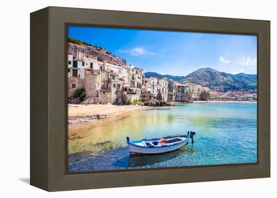 Beautiful Old Harbor with Wooden Fishing Boat in Cefalu, Sicily, Italy.-Aleksandar Todorovic-Framed Premier Image Canvas
