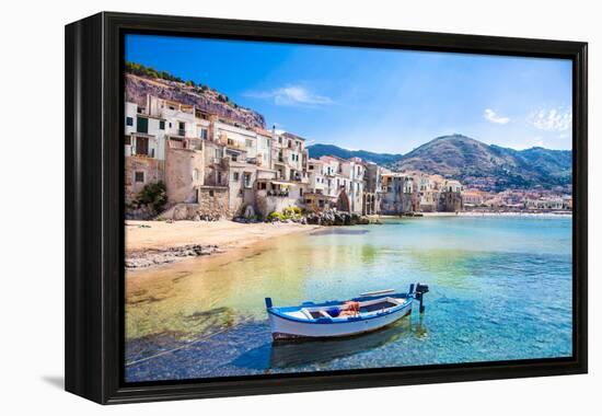 Beautiful Old Harbor with Wooden Fishing Boat in Cefalu, Sicily, Italy.-Aleksandar Todorovic-Framed Premier Image Canvas