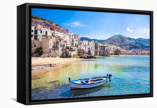 Beautiful Old Harbor with Wooden Fishing Boat in Cefalu, Sicily, Italy.-Aleksandar Todorovic-Framed Premier Image Canvas