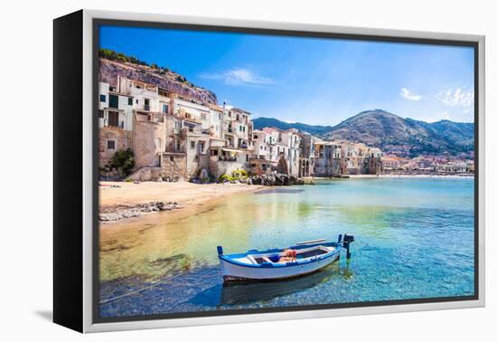 Beautiful Old Harbor with Wooden Fishing Boat in Cefalu, Sicily, Italy.-Aleksandar Todorovic-Framed Premier Image Canvas