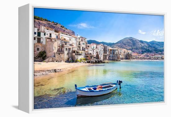 Beautiful Old Harbor with Wooden Fishing Boat in Cefalu, Sicily, Italy.-Aleksandar Todorovic-Framed Premier Image Canvas