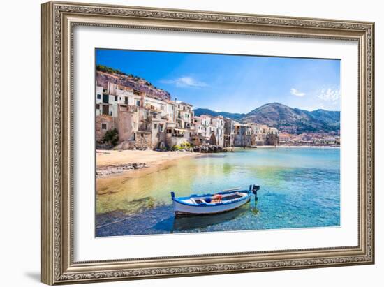 Beautiful Old Harbor with Wooden Fishing Boat in Cefalu, Sicily, Italy.-Aleksandar Todorovic-Framed Photographic Print