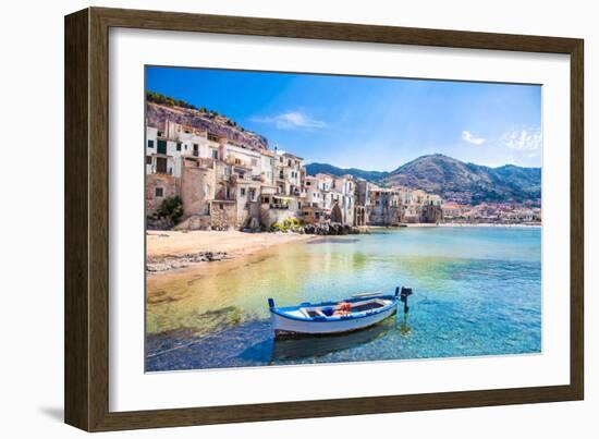 Beautiful Old Harbor with Wooden Fishing Boat in Cefalu, Sicily, Italy.-Aleksandar Todorovic-Framed Photographic Print