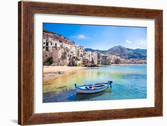 Beautiful Old Harbor with Wooden Fishing Boat in Cefalu, Sicily, Italy.-Aleksandar Todorovic-Framed Photographic Print
