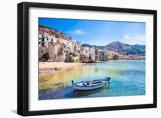 Beautiful Old Harbor with Wooden Fishing Boat in Cefalu, Sicily, Italy.-Aleksandar Todorovic-Framed Photographic Print