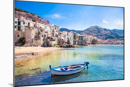 Beautiful Old Harbor with Wooden Fishing Boat in Cefalu, Sicily, Italy.-Aleksandar Todorovic-Mounted Photographic Print