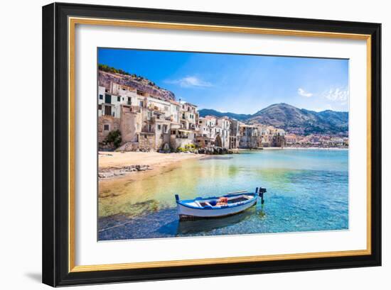 Beautiful Old Harbor with Wooden Fishing Boat in Cefalu, Sicily, Italy.-Aleksandar Todorovic-Framed Photographic Print