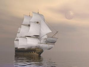 Beautiful Old Merchant Ship Sailing on Quiet Waters