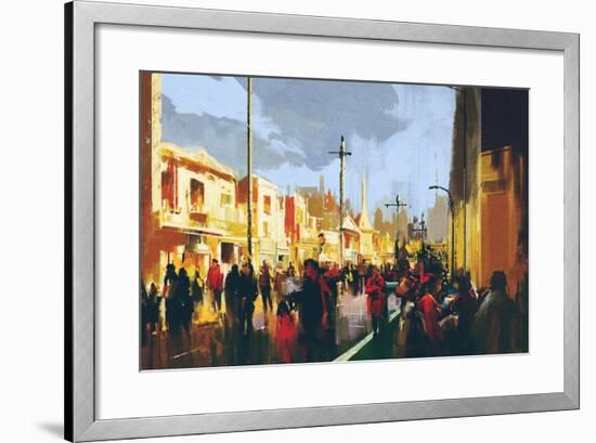 Beautiful Painting of People in a City Park,Illustration-Tithi Luadthong-Framed Art Print