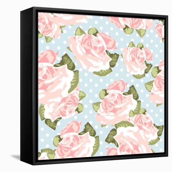 Beautiful Rose Pattern with Blue Polka Dot Background-Alisa Foytik-Framed Stretched Canvas