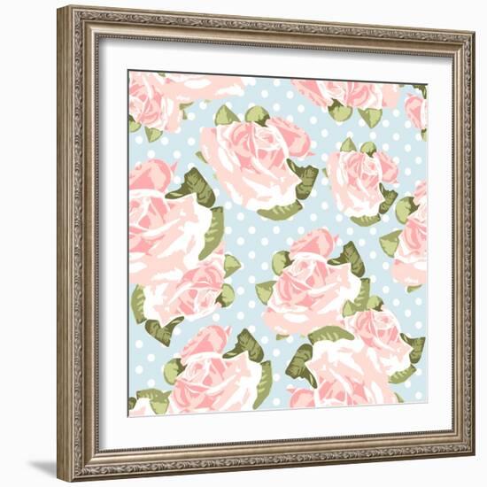 Beautiful Rose Pattern with Blue Polka Dot Background-Alisa Foytik-Framed Art Print