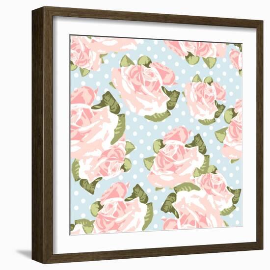 Beautiful Rose Pattern with Blue Polka Dot Background-Alisa Foytik-Framed Art Print