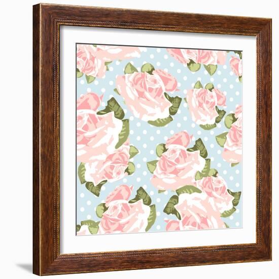 Beautiful Rose Pattern with Blue Polka Dot Background-Alisa Foytik-Framed Art Print