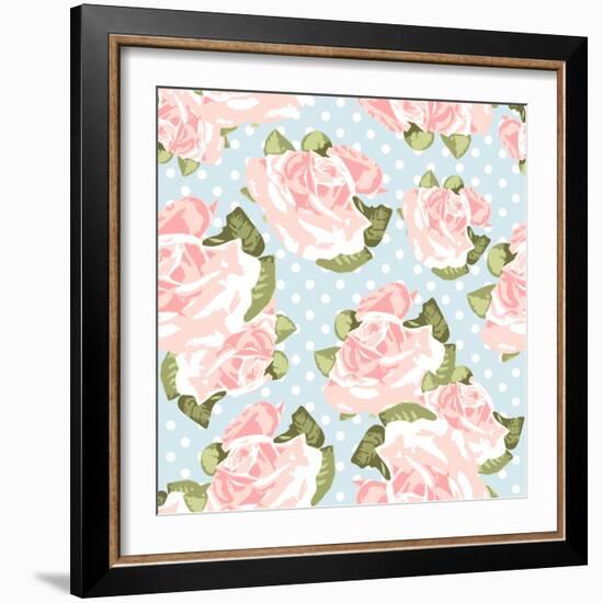 Beautiful Rose Pattern with Blue Polka Dot Background-Alisa Foytik-Framed Art Print