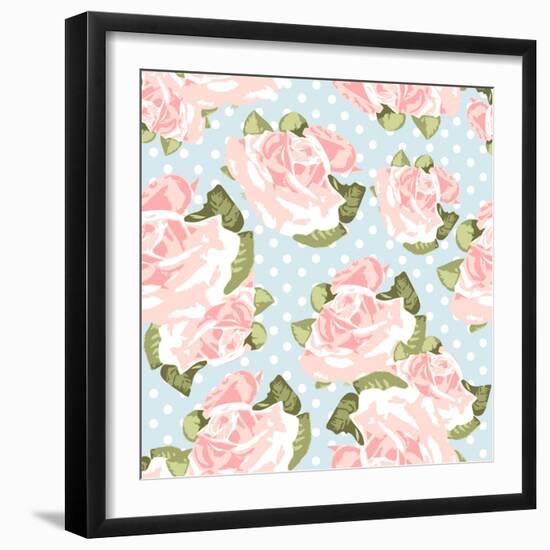 Beautiful Rose Pattern with Blue Polka Dot Background-Alisa Foytik-Framed Art Print