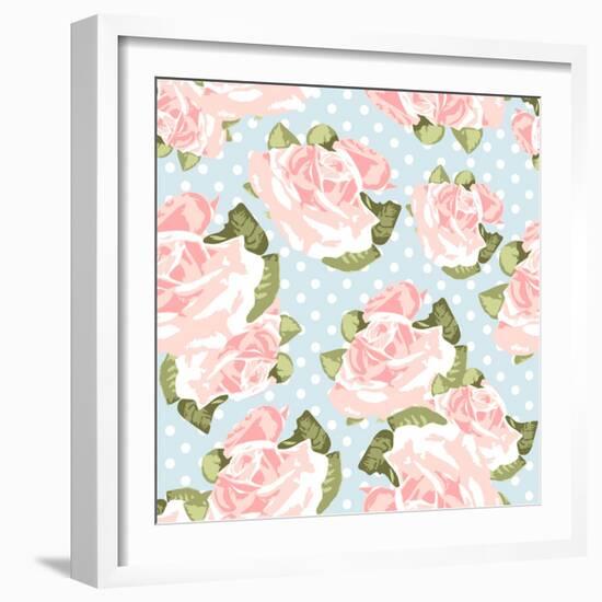 Beautiful Rose Pattern with Blue Polka Dot Background-Alisa Foytik-Framed Art Print