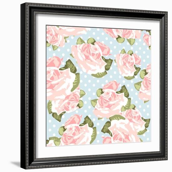 Beautiful Rose Pattern with Blue Polka Dot Background-Alisa Foytik-Framed Art Print