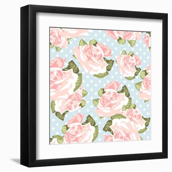 Beautiful Rose Pattern with Blue Polka Dot Background-Alisa Foytik-Framed Art Print