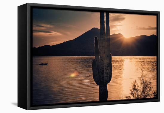 Beautiful Scenic Landscape with Saguaro Cactus Mountains and Sun Ray Flare.-BCFC-Framed Premier Image Canvas