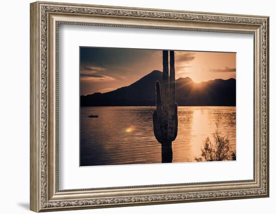 Beautiful Scenic Landscape with Saguaro Cactus Mountains and Sun Ray Flare.-BCFC-Framed Photographic Print