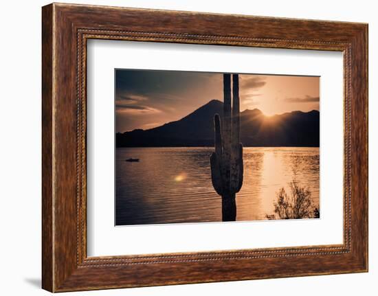 Beautiful Scenic Landscape with Saguaro Cactus Mountains and Sun Ray Flare.-BCFC-Framed Photographic Print