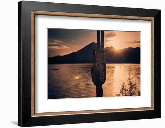 Beautiful Scenic Landscape with Saguaro Cactus Mountains and Sun Ray Flare.-BCFC-Framed Photographic Print