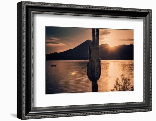 Beautiful Scenic Landscape with Saguaro Cactus Mountains and Sun Ray Flare.-BCFC-Framed Photographic Print