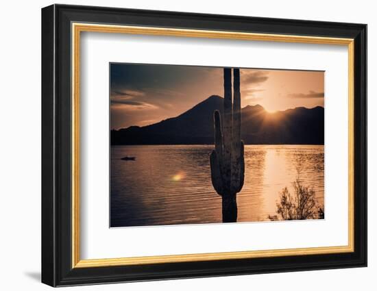 Beautiful Scenic Landscape with Saguaro Cactus Mountains and Sun Ray Flare.-BCFC-Framed Photographic Print