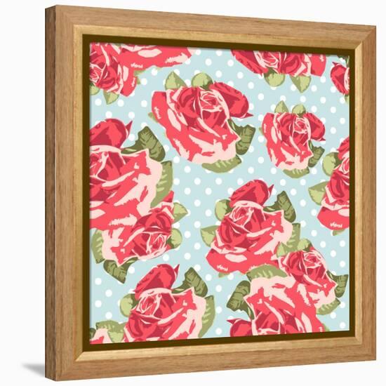 Beautiful Seamless Rose Pattern with Blue Polka Dot Background, Vector Illustration-Alisa Foytik-Framed Stretched Canvas