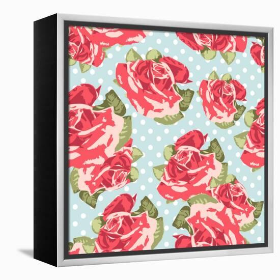 Beautiful Seamless Rose Pattern with Blue Polka Dot Background, Vector Illustration-Alisa Foytik-Framed Stretched Canvas