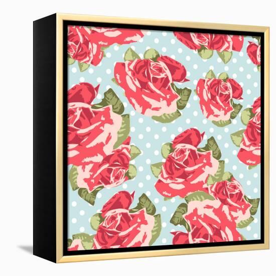 Beautiful Seamless Rose Pattern with Blue Polka Dot Background, Vector Illustration-Alisa Foytik-Framed Stretched Canvas