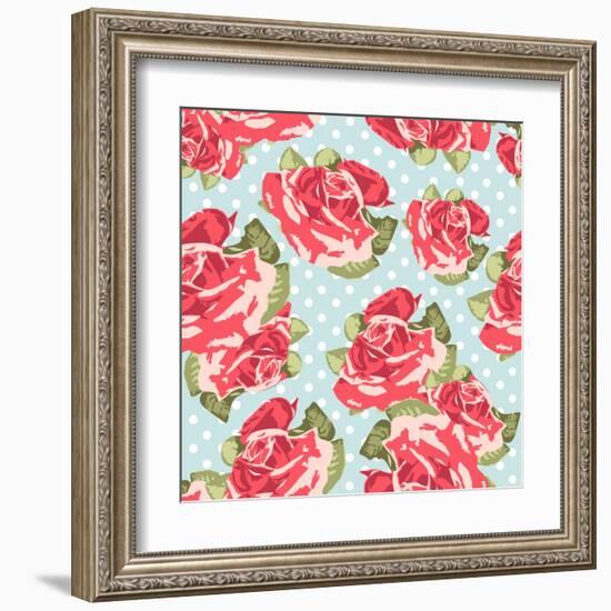 Beautiful Seamless Rose Pattern with Blue Polka Dot Background, Vector Illustration-Alisa Foytik-Framed Art Print