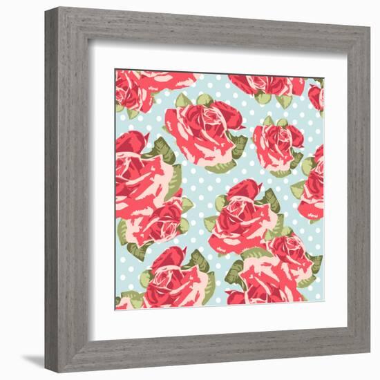 Beautiful Seamless Rose Pattern with Blue Polka Dot Background, Vector Illustration-Alisa Foytik-Framed Art Print